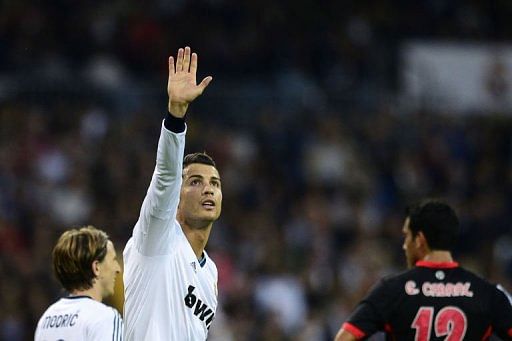 Real Madrid's forward Cristiano Ronaldo celebrates after scoring